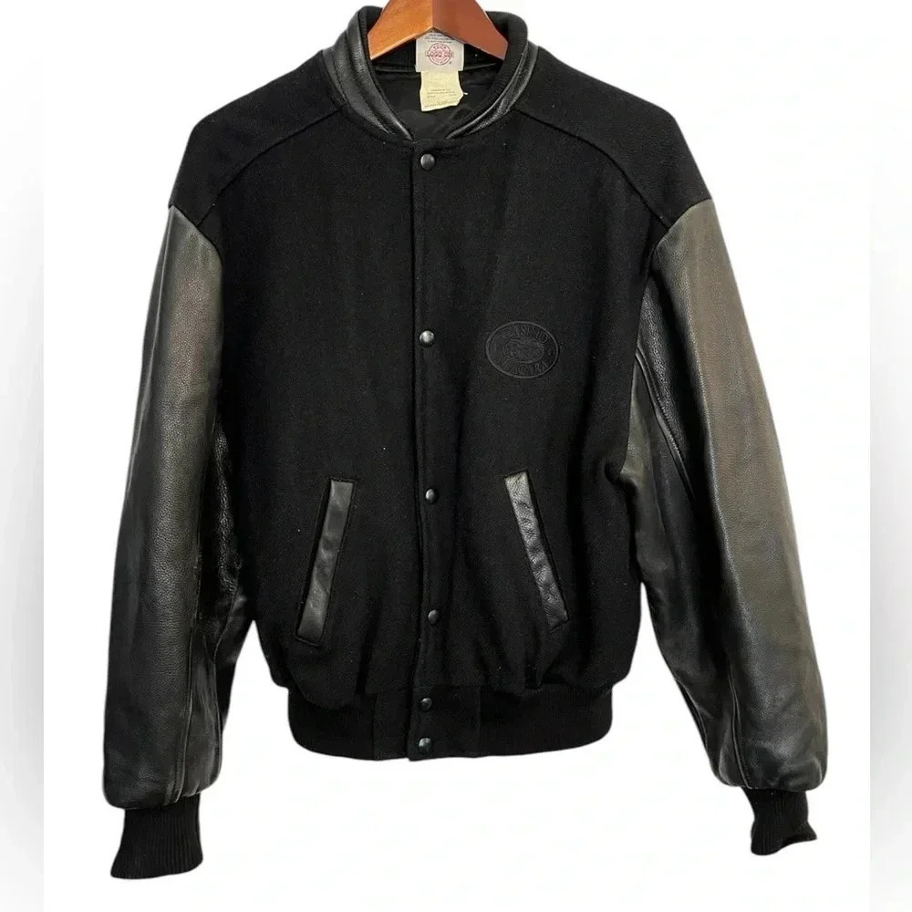 Vintage 90s Black Varsity Letterman Jacket Faux Leather Sleeves M - Picture 2 of 16